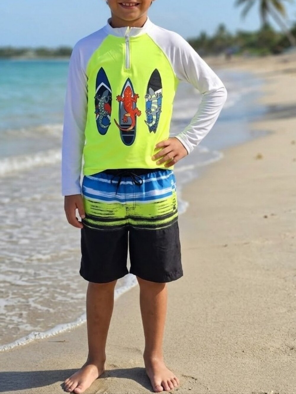 wonder nation Neon Yellow and White Surfboard Rash Guard UPF 50+ Size XL
